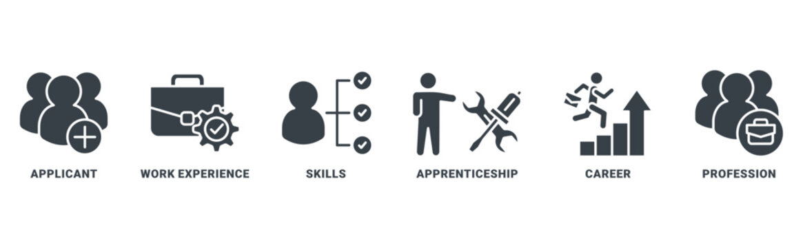 Traineeship icon set vector concept with icon of apprenticeship on job training program with icon of applicant, work experience, skills, internship, career, and profession 