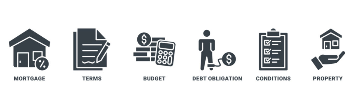 Refinance icon set vector concept with icon of mortgage, terms, budget, debt obligation, conditions and property 