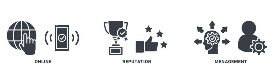 ORM icon set vector concept with icon of online reputation management with icon of internet, browser, winner, trust, favorite, and business 