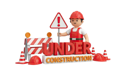 3D Cartoon construction worker and signs on transparent background