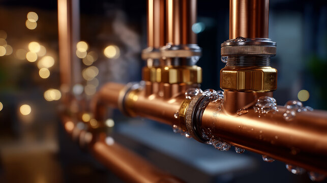 Close-up of copper heating pipes, metal joints and valves, steam creating atmospheric layer, defocused boiler environment, with copy space