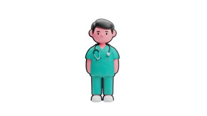 3D Cute 3D doctor wearing scrubs and stethoscope on transparent background