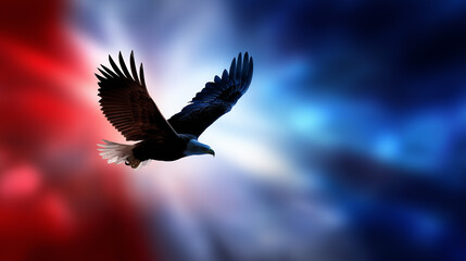 Fototapeta premium Minimalist faceless eagle silhouette soaring through red white and blue sky, soft gradients, calm patriotic symbolism, intentionally defocused background, with copy space