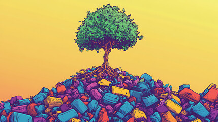 recycling and nature themes: photos of trees sprouting from waste, Earth held above trash, and green initiatives with ample blank spaces for environmental messages.