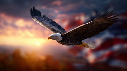 Fototapeta premium Faceless eagle soaring through bright sky, flowing American flag colors softly defocused behind, symbolic independence concept, advertising-ready composition, with copy space