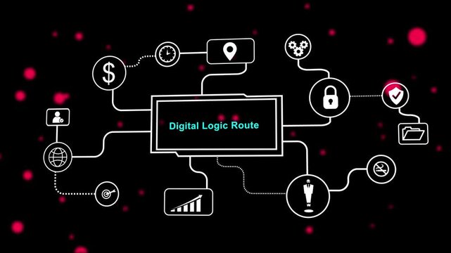 Digital Logic Route Diagram with Icons and Green Bokeh Lights on Black Background network diagram technology.