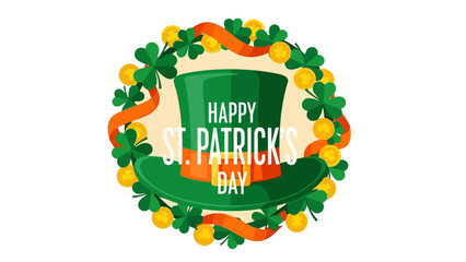 Happy St. Patricks Day Festive Green Hat with Shamrocks, Gold Coins and Ribbon Wreath