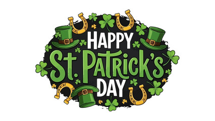 Happy St. Patrick's Day greeting with festive symbols and shamrocks