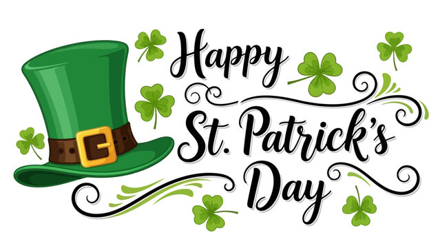 Happy St. Patrick's Day greeting with green leprechaun hat and shamrocks