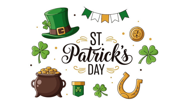St. Patrick's Day festive illustration with shamrocks, leprechaun hat, pot of gold and horseshoe