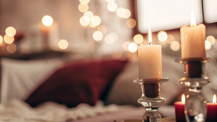 Cozy Romantic Bedroom Interior with Burning Candles and Warm Bokeh Lights for Valentine's Day