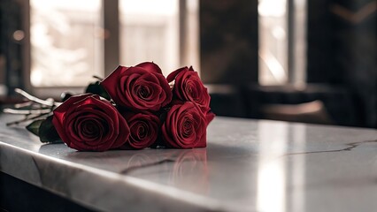 Bouquet of Fresh Red Roses Lying on White Marble Surface in Elegant Interior