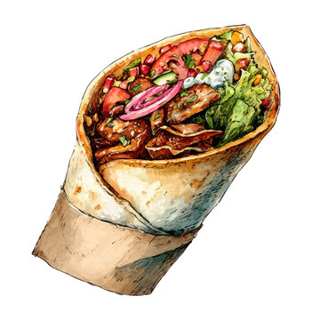 Beef Shawarma in watercolor painting style, vector illustration on white background.
