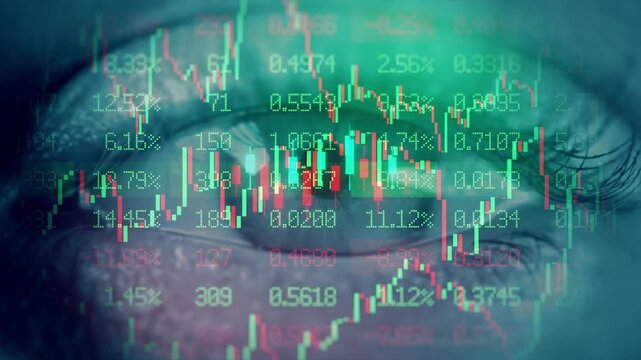 Financial Currency Exchange. Stock Market Chart Prices, Financial Indexes Graph In Trader Eye. Earth Fintech Data Visualization, Digital Money Transfer. World Trade. Cryptocurrency and stocks trading