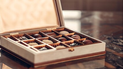 Luxury Box of Assorted Chocolate Pralines and Truffles on Marble Table for Valentine's Day Gift