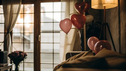Cozy Living Room Interior Decorated with Red and Pink Heart Balloons for Valentine's Day Surprise