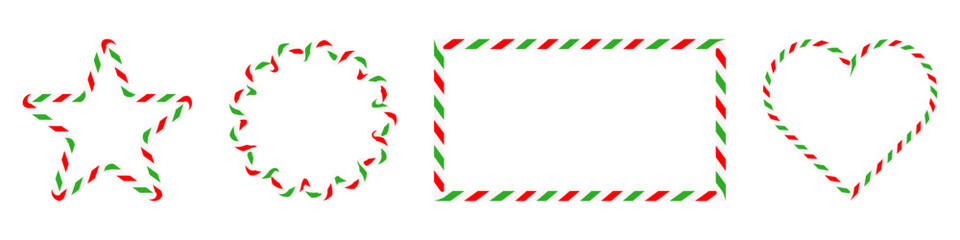 Collection red, green and white candy cane striped geometric outlines, including star, scalloped oval, rectangle and heart.