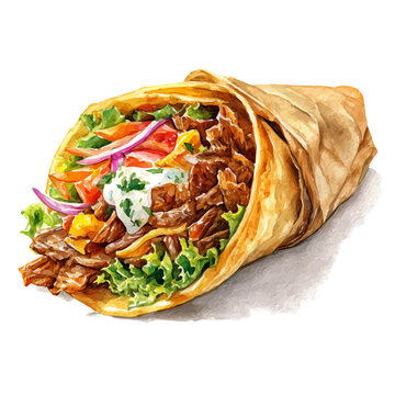 Watercolor illustration of Beef Shawarma, vector artwork, isolated on white background.