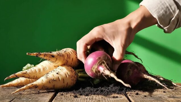 Freshly harvested turnips and beets on rustic wooden table