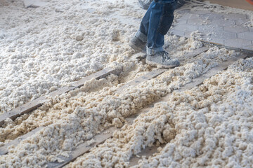 Texture naturelle de laine de bois d'isolation soufflée à la machine, douce et fibreuse, évoquant authenticité, artisanat et matières textiles naturelles pour rénovation énergétique du plancher maison © Thomas