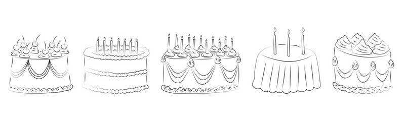 Set of hand drawn birthday cakes. Various decorated celebration desserts with candles and cream perfect for coloring pages, party invitations and bakery design