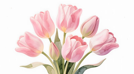 Naklejka premium Beautiful watercolor bouquet of pink tulips with smooth petal curves and realistic botanical details.