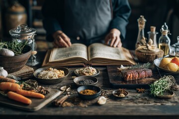 Chef preparing gourmet meal with fresh ingredients, spices, and herbs on rustic wooden table, open cookbook in background, cozy kitchen atmosphere, culinary creativity and inspiration