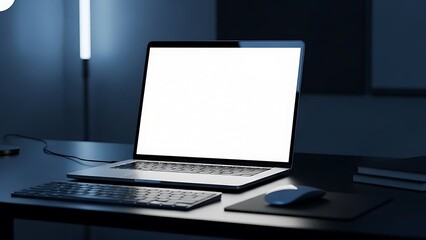 Fototapeta premium Modern workspace with laptop and keyboard in dark room with neon light