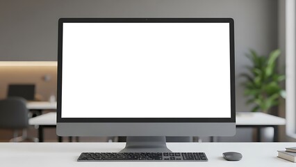 Fototapeta premium Modern office workspace with blank computer monitor on white desk