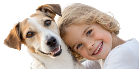Close-up portrait of a smiling child and a dog together, both looking at the camera. Emotional connection and friendship isolated on transparent background.