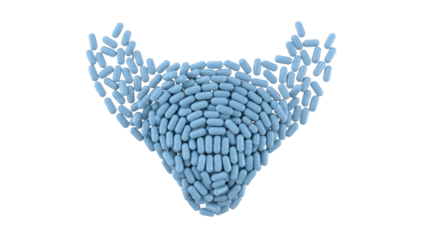 Blue capsules forming a heart shape isolated on white background, suitable for medical and pharmaceutical concepts