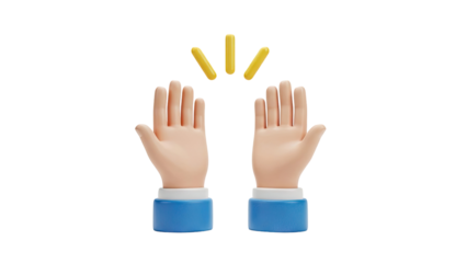 3D cartoon hands raised with yellow rays on transparent background
