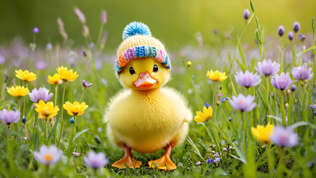Niedliches Entenk&uuml;ken mit bunter Strickm&uuml;tze auf einer Blumenwiese