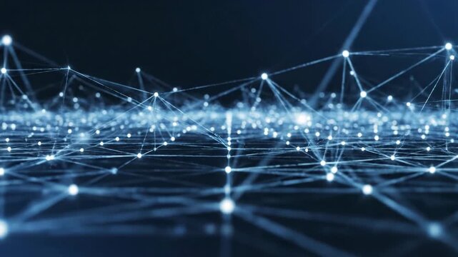 Digital network of glowing blue nodes and lines, representing connectivity and data flow in a futuristic abstract background