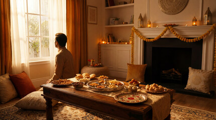Man sitting near window enjoying festive atmosphere at home, surrounded by beautifully arranged sweets and decorations. Concept of winter celebrations and gatherings,