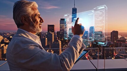 Experienced businessman uses advanced holographic technology for urban development and data visualization on a city rooftop at sunset, symbolizing future innovation and strategic planning - Powered by Adobe