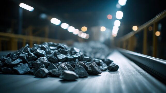 Medium shot of advanced robotics sorting cobalt ore pieces on a conveyor belt under bright factory lights.
