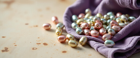 Iridescent pearl beads scattered on soft velvet purple cloth  