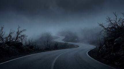 Winding road surrounded by fog and bare trees under dark sky. This image evokes a sense of mystery and isolation, suitable for themes such as travel, adventure, or suspenseful storytelling.