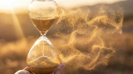 Hand holding hourglass with sand flowing through it, symbolizing the passage of time and the transience of moments. Concept of time management, mindfulness, or life reflections.