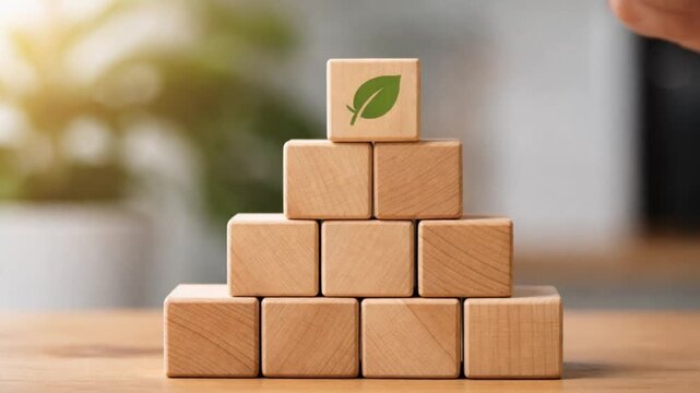 Strategic planning vision sustainability concept. Hands stacking wooden blocks with a green leaf symbol on top.