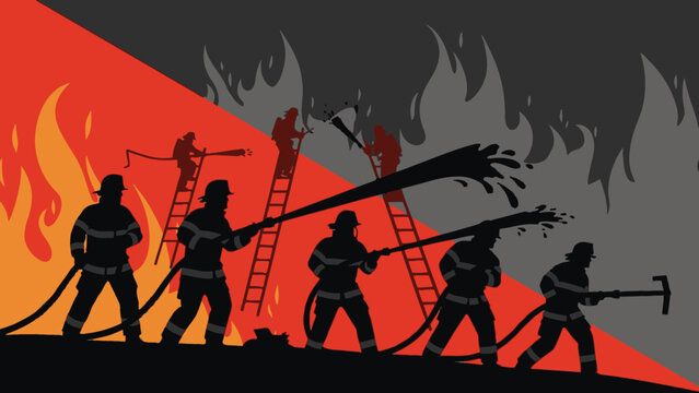 Firefighters battling a large blaze with water hoses, symbolizing bravery and emergency response efforts