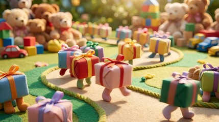 Playful gift boxes with colorful ribbons run endlessly on cute toy-like legs, bouncing in a seamless loop with cheerful humor and joy.