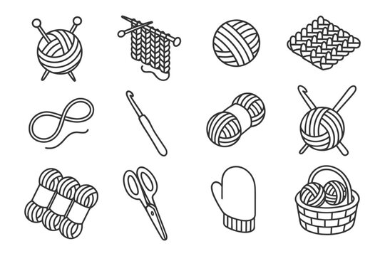 Knitting and crochet icons collection featuring yarn, needles, and tools.