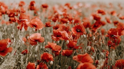 Obraz premium sedative. Field of poppy flowers swaying in gentle breeze, botanical tranquility scene. gardening catalogs, home-decor guides, designed for home decor and floral branding.
