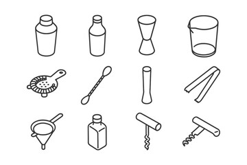 Set of barware line icons: shaker, jigger, strainer, muddler, corkscrew.