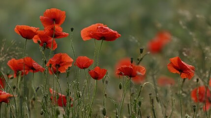 Fototapeta premium sedative. Field of poppy flowers swaying in gentle breeze, botanical tranquility scene. gardening catalogs, home-decor guides, designed for home decor and floral branding.