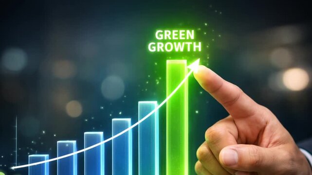 Strategic planning vision sustainability concept. Hand pointing at a graph symbolizing green growth and financial success.