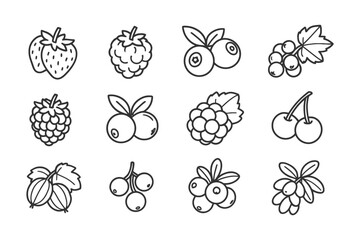 Outline illustrations of various berries collection.