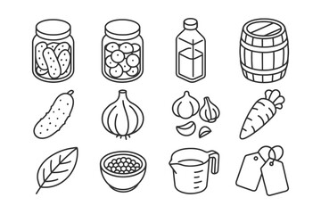 Outline icons of pickled vegetables, herbs, and kitchen ingredients.